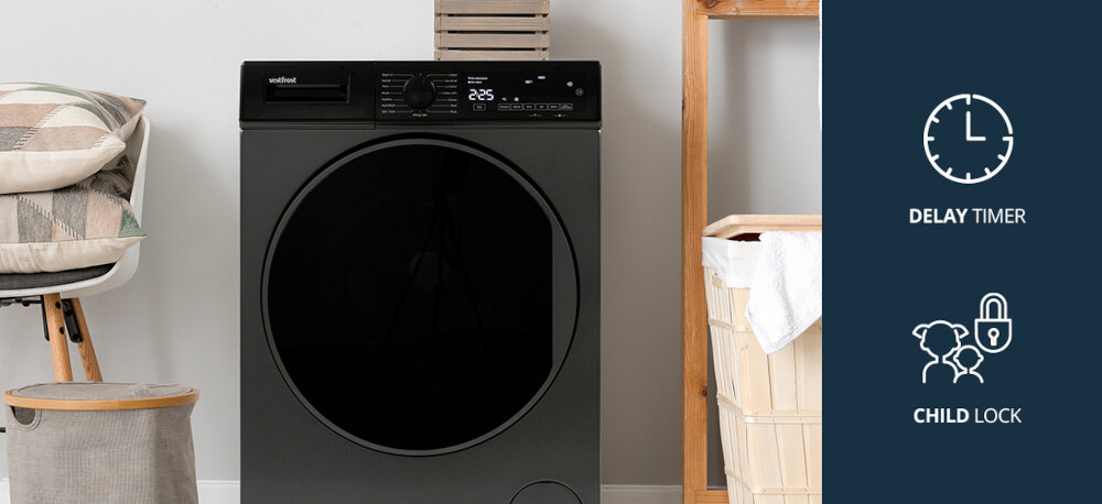 Pralka VESTFROST VW-FD4B1270EU Na zdjęciu widoczna jest pralka Vestfrost z otwartymi drzwiczkami, prezentująca wnętrze bębna oraz charakterystyczne przetłoczenia na bocznej ściance urządzenia. Po lewej stronie umieszczono grafiki informujące o cichym silniku inwerterowym i wzmocnionym korpusie typu Boomerang, które zapewniają trwałość i cichą pracę sprzętu Delay Timer opóźnienie startu Child Lock blokada panelu wygodne pranie harmonogram prania