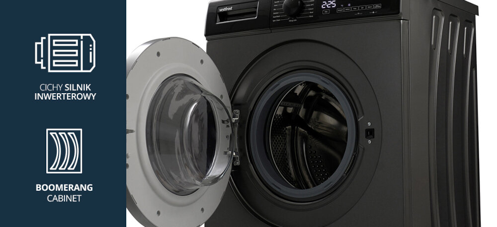 Pralka VESTFROST VW-FD4B1270EU Na zdjęciu widoczna jest pralka firmy Vestfrost z otwartymi drzwiczkami, która prezentuje bęben oraz boczne przetłoczenia urządzenia. Po lewej stronie umieszczono ikony informujące o cichym silniku inwerterowym oraz o wzmocnionej, wytrzymałej konstrukcji Boomerang Cabinet silnik inwerterowy Boomerang Cabinet cicha praca niskie wibracje energooszczędna pralka