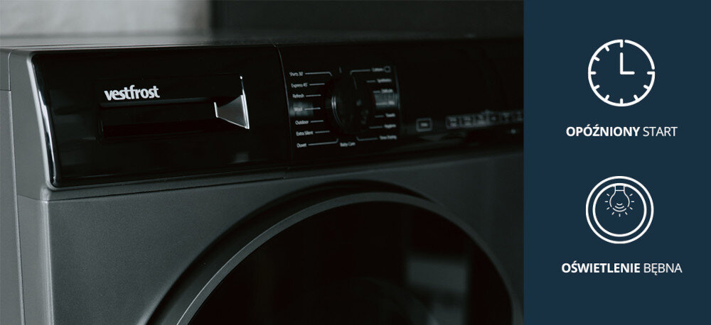 Suszarka VESTFROST VT-FD42HN90EU Na zdjęciu pokazano fragment suszarki Vestfrost z ciemnym frontem – widoczny jest panel sterowania oraz obrzeże drzwi bębna. Po lewej stronie umieszczono ikonę informującą o funkcji opóźnionego startu oraz oświetleniu bębna w urządzeniu oświetlenie bębna z timerem opóźniony start wyświetlacz LED wygodna obsługa z wyświetlaczem kontrola czasu funkcje komfortu