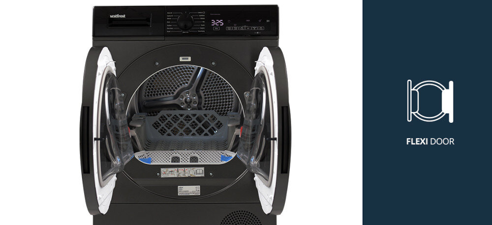 Suszarka VESTFROST VT-FD42HN90EU Na zdjęciu widać suszarkę Vestfrost z szeroko otwartymi podwójnymi drzwiami FLEXI DOOR, które umożliwiają wygodne wkładanie i wyjmowanie odzieży. Po lewej stronie znajduje się grafika przedstawiająca funkcję elastycznych, praktycznych drzwi urządzenia FLEXI DOOR zmiana kierunku otwierania drzwi z odwracalnymi drzwiami do zabudowy elastyczny montaż do małej przestrzeni