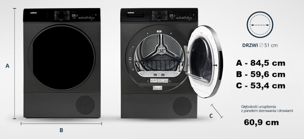 Suszarka VESTFROST VT-FD42HN90EU Na zdjęciu przedstawiono dwa widoki suszarki Vestfrost: z zamkniętymi i otwartymi drzwiczkami. Po prawej stronie podane są wymiary urządzenia – wysokość 84,5 cm, szerokość 59,6 cm, głębokość korpusu 53,4 cm, głębokość całkowita z panelem i drzwiami to 60,9 cm, a średnica drzwi wynosi 51 cm