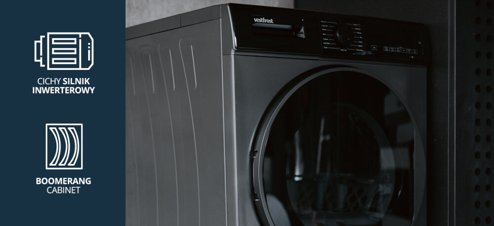 Suszarka VESTFROST VT-FD42HN90EU Na zdjęciu po prawej stronie widać ciemnoszarą pralko–suszarkę Vestfrost z dużymi, przeszklonymi drzwiczkami, ustawioną we wnęce. Po lewej stronie, na granatowym tle, znajdują się ikony z opisami „CICHY SILNIK INWERTEROWY” oraz „BOOMERANG CABINET”, podkreślające zalety urządzenia silnik inwerterowy cicha praca konstrukcja wyciszenie