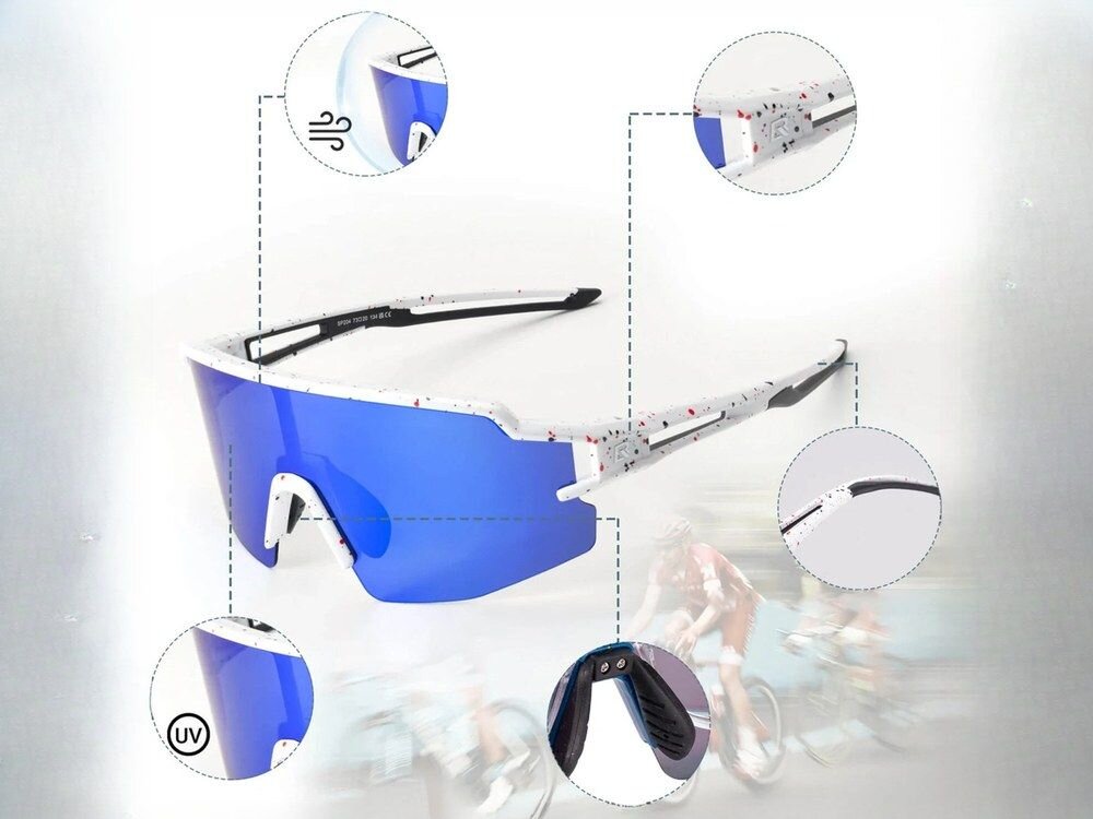 Okulary rowerowe ROCKBROS 8386824303780 Biało-niebieski, Wentylacja, aerodynamika, antypara, komfort, Grafika z detalami i zaletami okularów sportowych.