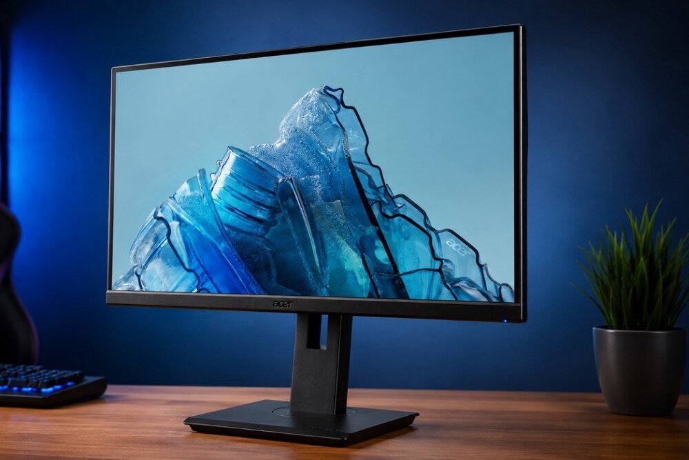 Monitor ACER Vero B7 B247YGBMIPRZX Monitor stojący na drewnianym biurku przedstawia na ekranie grafikę z krystaliczną strukturą, obok stoi mała roślina w doniczce