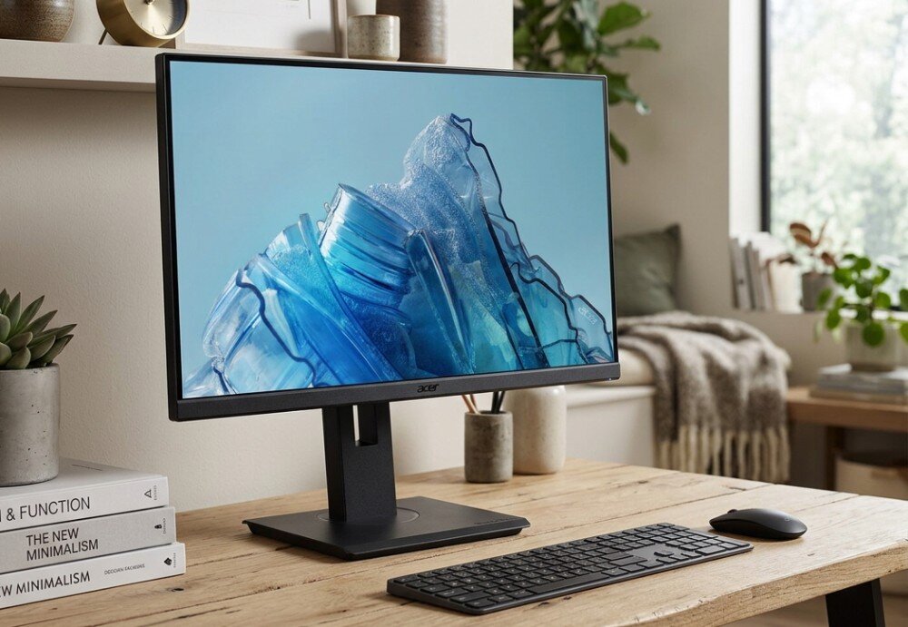 Monitor ACER Vero B7 B247YGBMIPRZX Monitor umieszczony na jasnym drewnianym biurku obok klawiatury, myszy i książek w nowoczesnym, jasnym wnętrzu