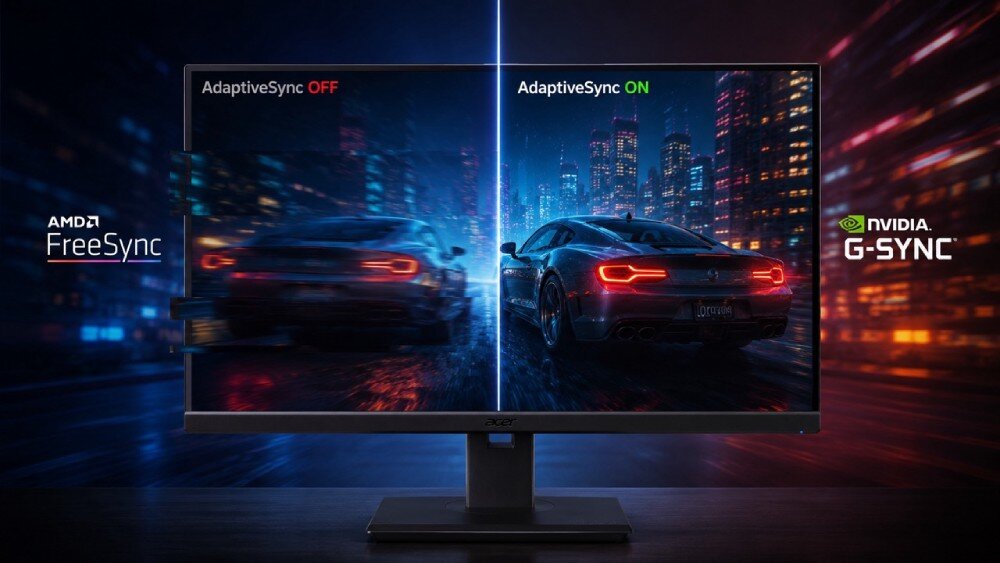 Monitor ACER Vero B7 B247YGBMIPRZX Monitor wyświetlający samochód na tle miasta, podzielony na część z rozrywanym obrazem oraz część ze płynnym obrazem