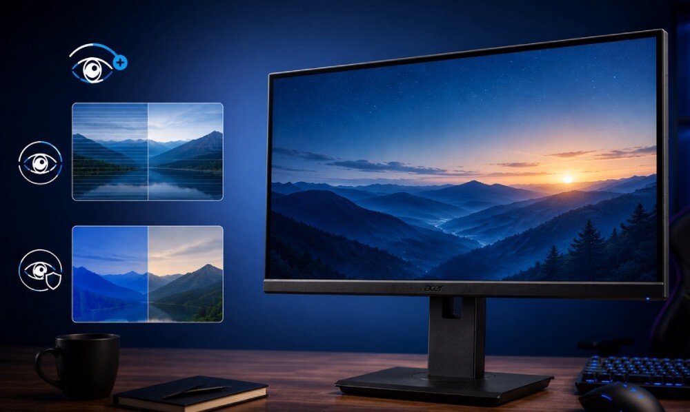 Monitor ACER Vero B7 B247YGBMIPRZX Monitor stojący na biurku, obok ikony symbolizujące technologie ochrony wzroku oraz przykłady filtrów obrazu
