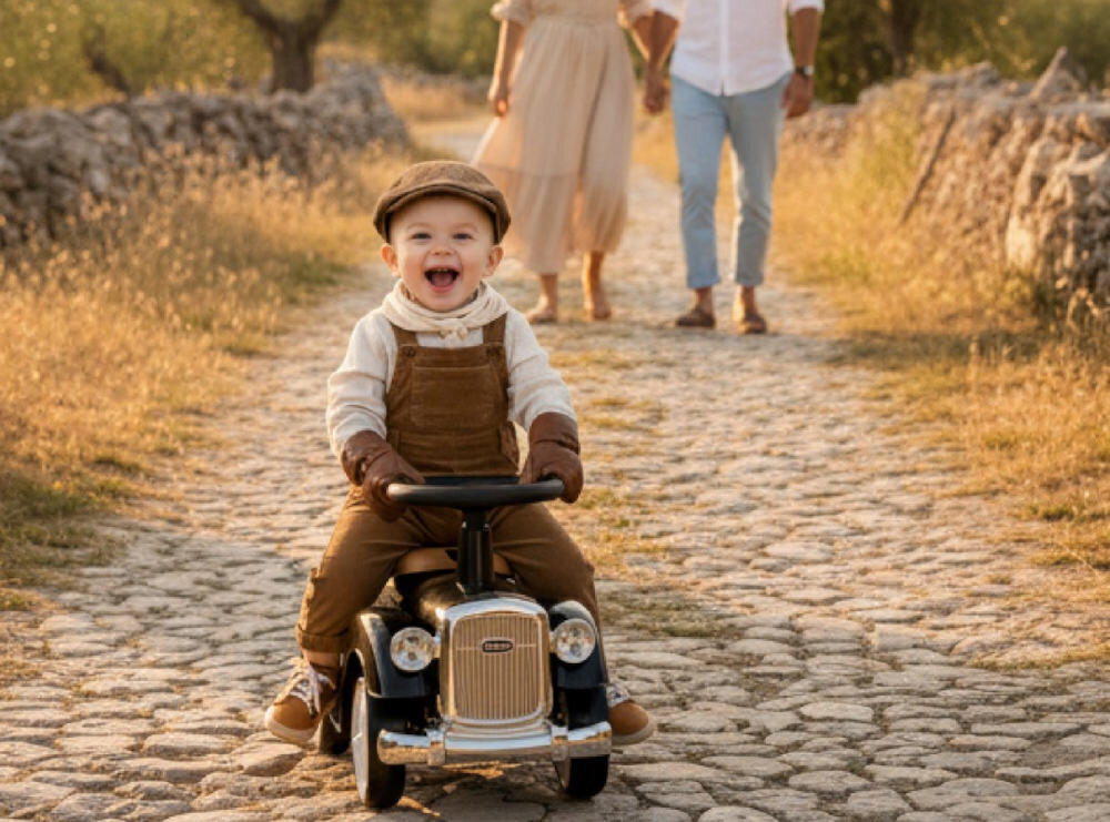 Dziecko siedzi na czarnym jeździku w stylu retro na kamiennej ścieżce, w tle widać dwie osoby trzymające się za ręce. Jeździk ma chromowane elementy i logo na przodzie.