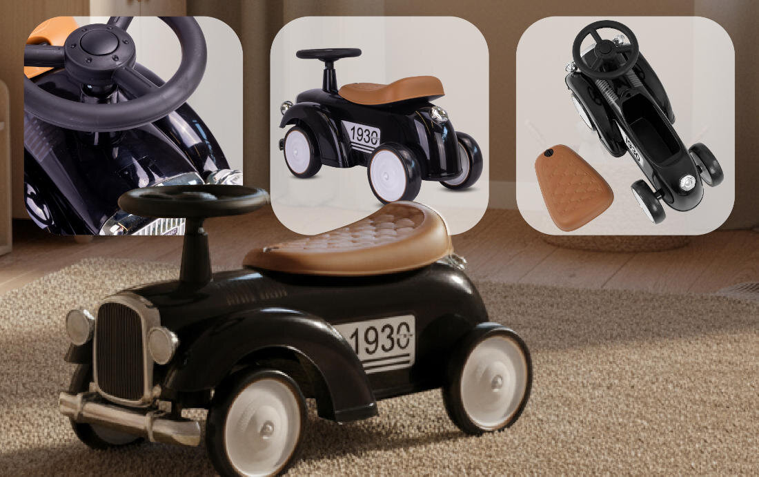 Na obrazie widoczny jest czarny jeździk w stylu retro z brązowym siedzeniem i białymi kołami, z numerem \'1930\' na boku. W tle znajdują się zbliżenia na kierownicę oraz widok z góry na jeździk i brązowy element przypominający klucz.