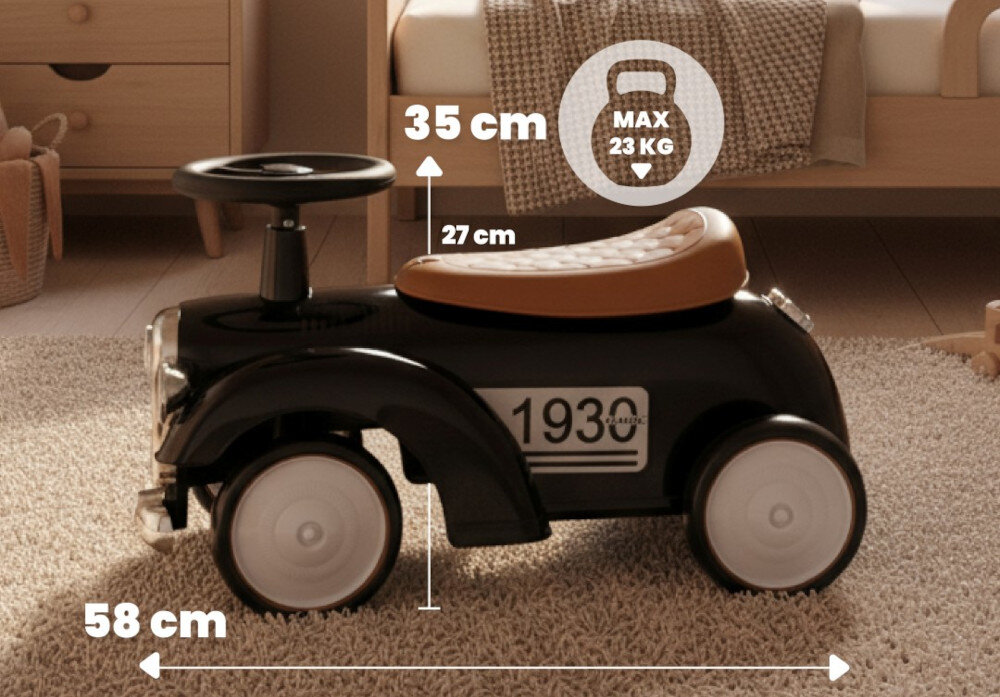Czarny jeździk w stylu retro z brązowym siedzeniem, oznaczony numerem \'1930\', o wymiarach 58 cm długości, 35 cm wysokości i 27 cm szerokości. Maksymalne obciążenie wynosi 23 kg.