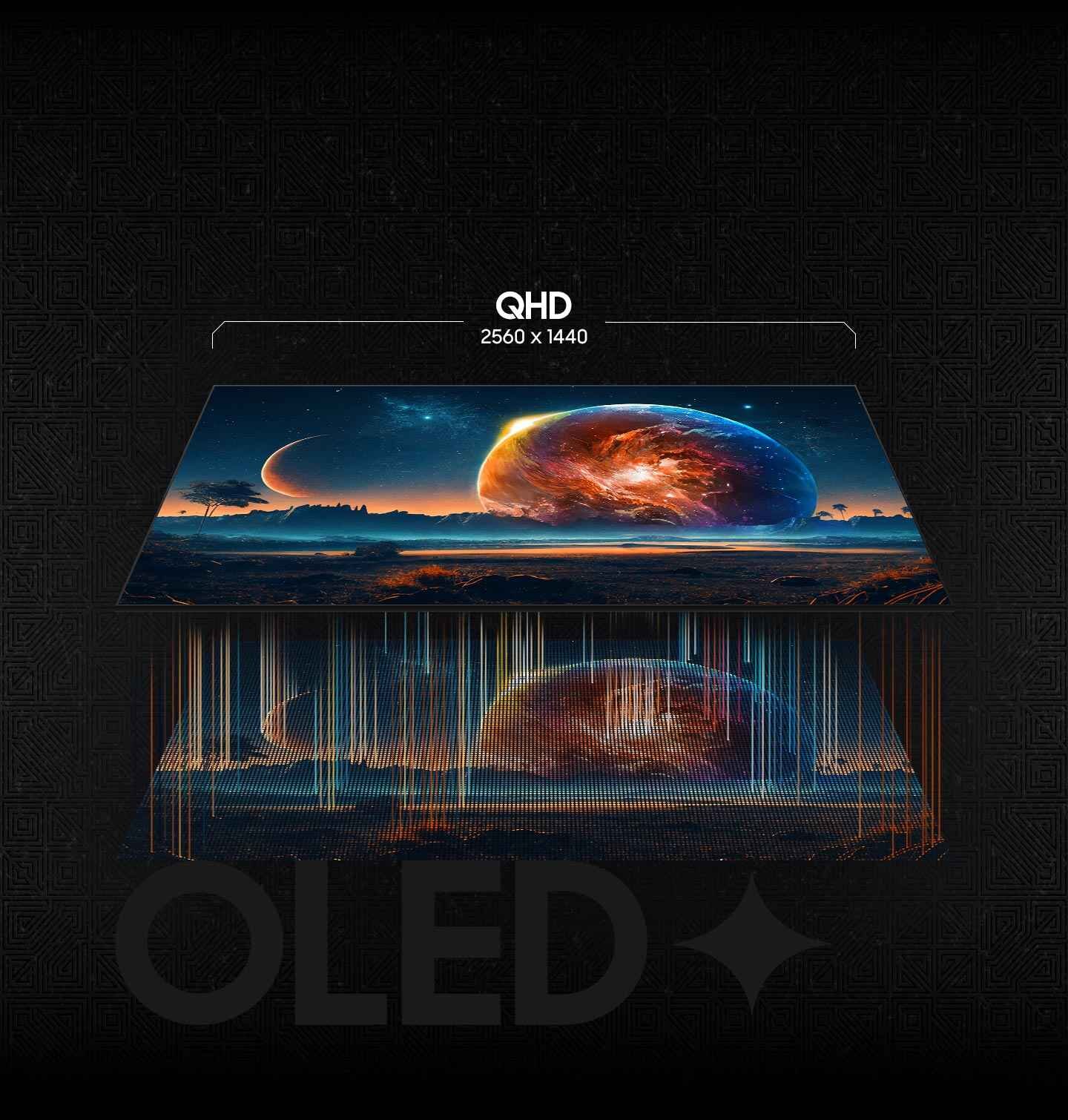 Obraz przedstawia kosmiczny krajobraz z planetą i gwiazdami, z napisem \'QHD 2560 x 1440\' powyżej. Na dole widoczny jest napis \'OLED\' z efektem świetlnym.