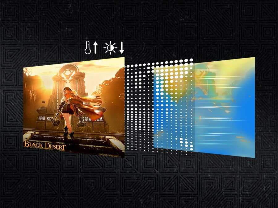 Obraz przedstawia grafikę z gry \'Black Desert\' z postacią stojącą przed monumentalną bramą. Obok widoczne są symbole termometru i jasności oraz warstwy z gradientami i kropkami, sugerujące efekty wizualne.