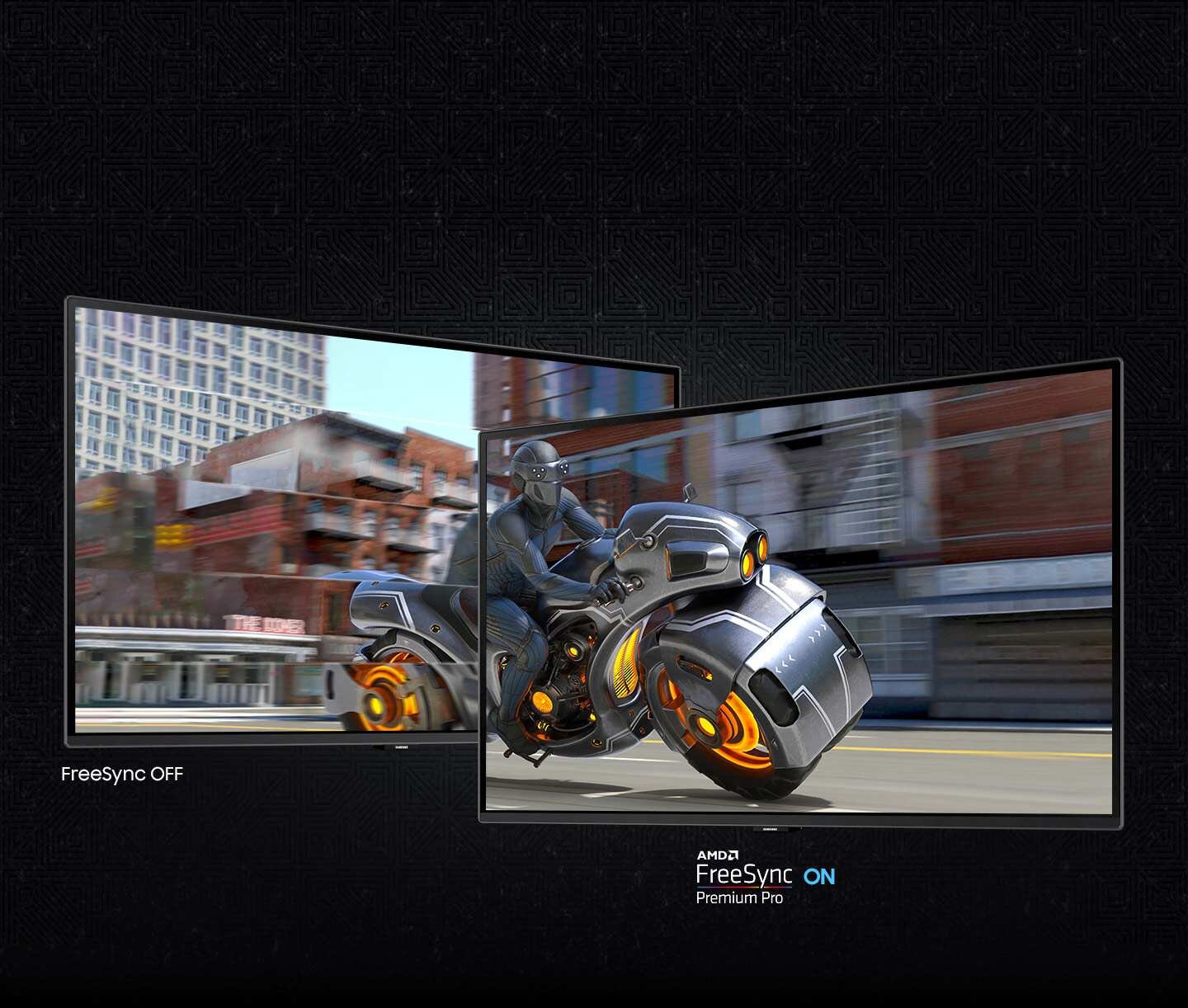 Obraz przedstawia dwa ekrany z motywem motocyklisty na futurystycznym motocyklu. Na jednym ekranie widnieje napis \'FreeSync OFF\', a na drugim \'AMD FreeSync Premium Pro ON\'.