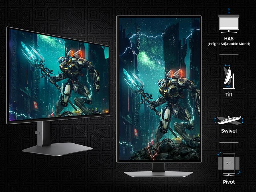 Obraz przedstawia dwa monitory z wyświetlonym na ekranie futurystycznym robotem w mieście. Obok monitorów znajdują się ikony z napisami: HAS (Height Adjustable Stand), Tilt, Swivel, Pivot.