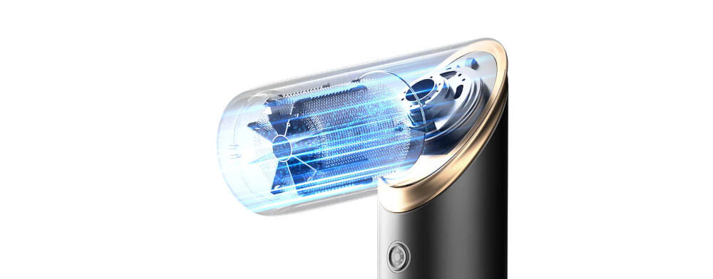 Suszarko-lokówka COSHARE SuperFlow InStyle HS30E 1000 W Kremowy suszarka silnik oznaczony na niebiesko ciemna suszarka złoty element białe tło funkcja jonizacji 600 milionów jonów ujemnych na centymetr sześcienny redukcja elektryzowania się i puszenia włosów gładka lściąca fryzura miękkie w dotyku niesforne pasma