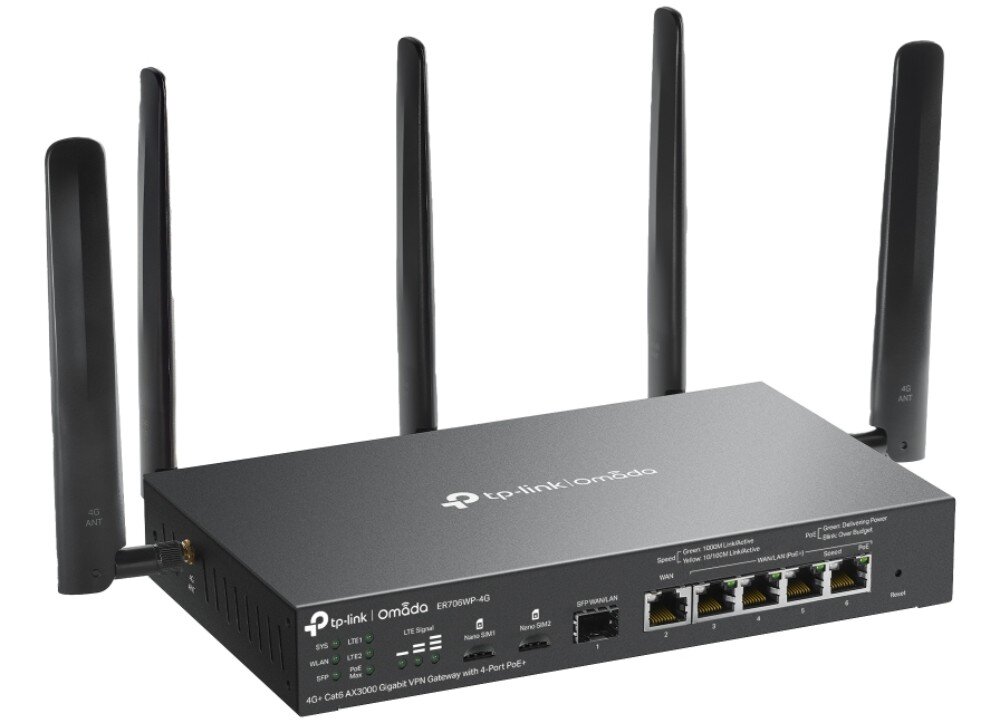 Router TP-LINK ER706WP-4G Brama sieciowa zaprezentowana na tle z ozdobnym turkusowym półkolem, widoczna z przodu z pięcioma antenami skierowanymi pionowo w górę