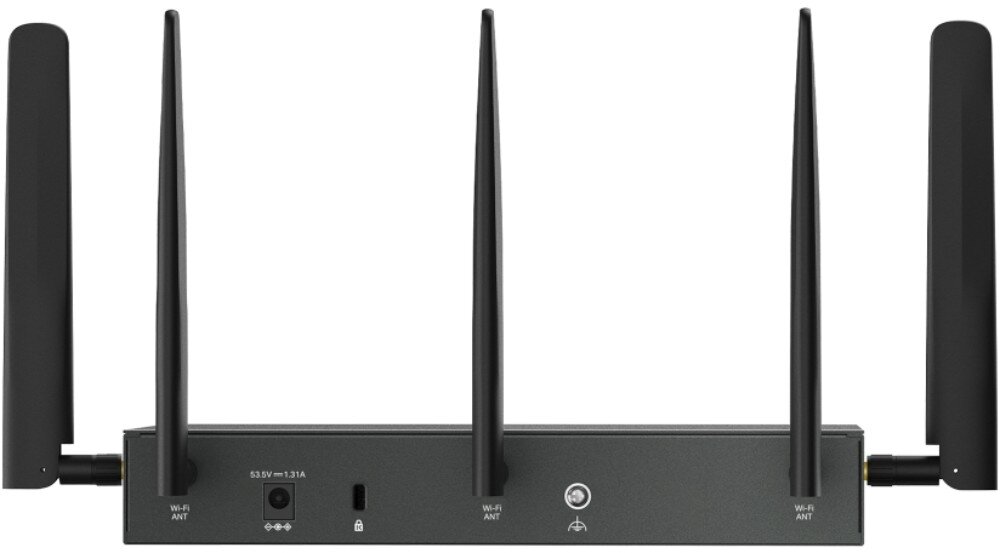 Router TP-LINK ER706WP-4G Tył czarnego urządzenia sieciowego prezentujący gniazdo zasilania, port blokady Kensington, uziemienie oraz mocowania trzech anten Wi-Fi