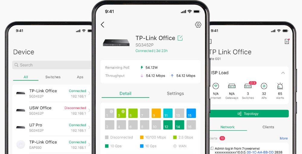 Router TP-LINK ER706WP-4G Trzy ekrany smartfonów wyświetlające interfejs aplikacji do zarządzania siecią, przedstawiające listę urządzeń, szczegóły zużycia energii i topologię sieci