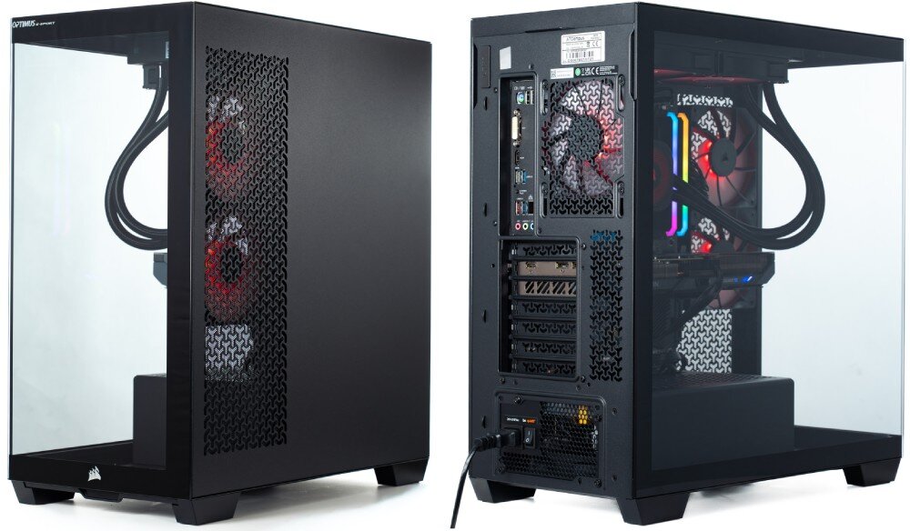 Komputer OPTIMUS E-Sport GB550T-CR7 dwa ujęcia czarnej obudowy na białym tle, jedno prezentujące przeszklony przód i bok z perforacją, drugie pokazujące tył z portami oraz zasilaczem u dołu, obudowa, wygląd, karta sieciowa