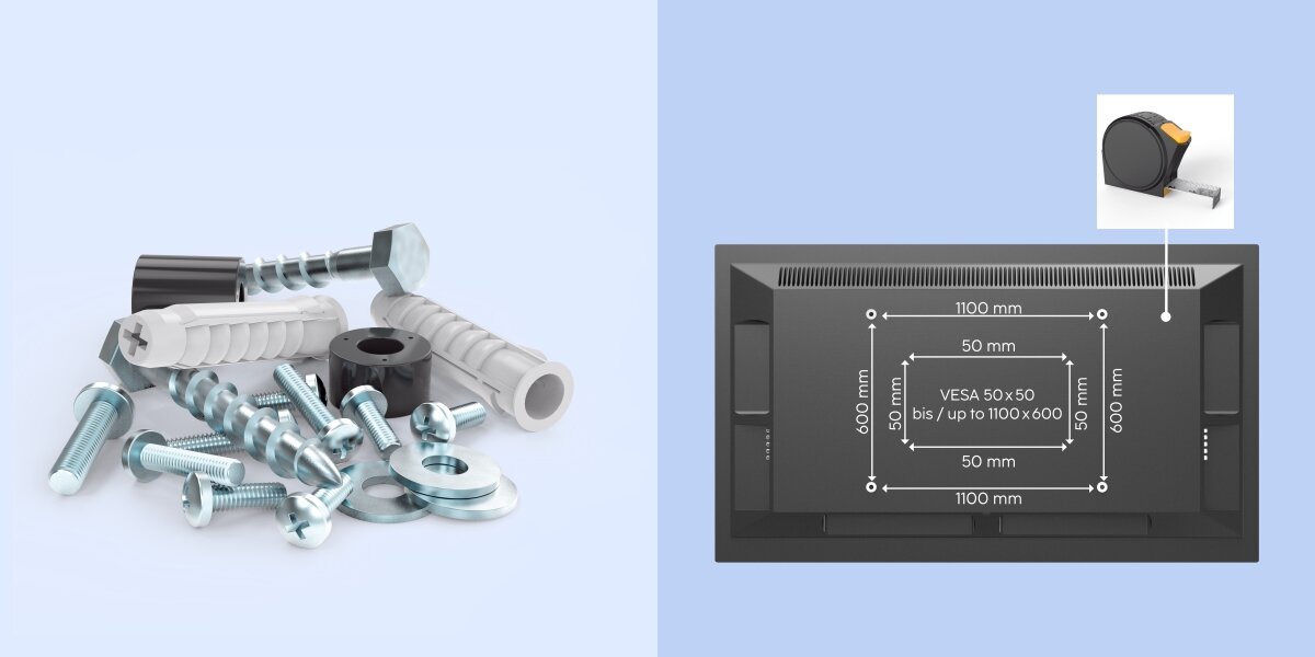 Z lewej strony stos śrub, podkładek, kołków i elementów montażowych do uchwytu TV. Z prawej schemat pomiaru VESA (do 1100x600 mm).