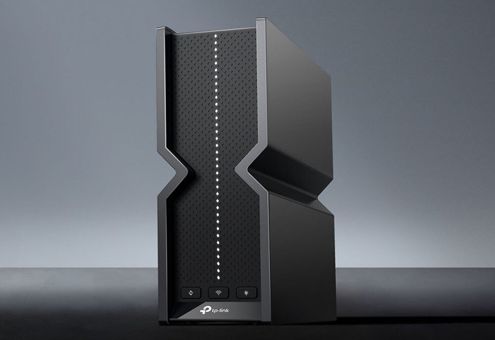 Router TP-LINK Archer BE700 Czarny router o nowoczesnym kształcie klepsydry z teksturowanym przednim panelem i diodami LED na dole