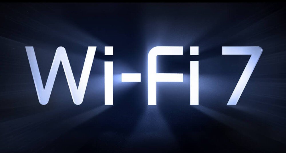 Router TP-LINK Archer BE700 Jasny, trójwymiarowy napis Wi-Fi 7 na ciemnym tle z efektem świetlnym