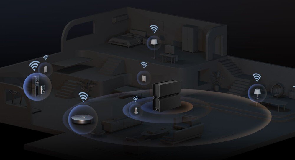 Router TP-LINK Archer BE700 Wizualizacja 3D przekroju domu pokazująca router emitujący sygnał do wielu urządzeń inteligentnych rozmieszczonych w różnych pokojach