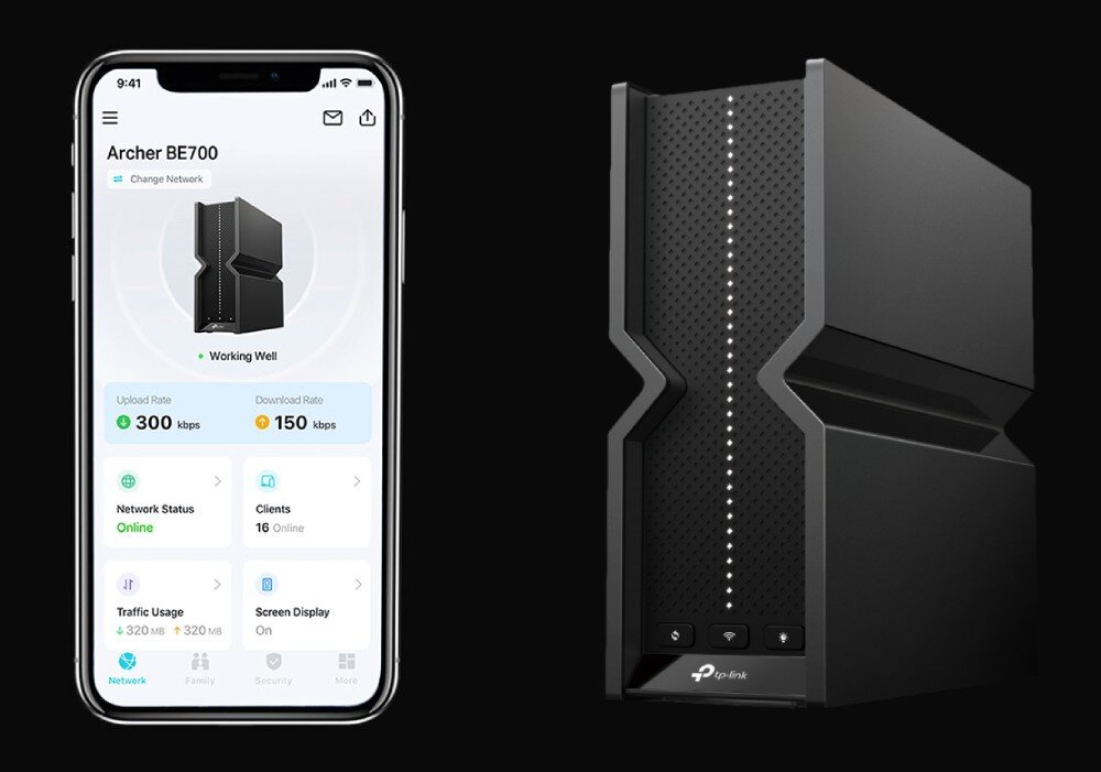 Router TP-LINK Archer BE700 Smartfon wyświetlający ekran aplikacji mobilnej do zarządzania siecią na tle stojącego urządzenia