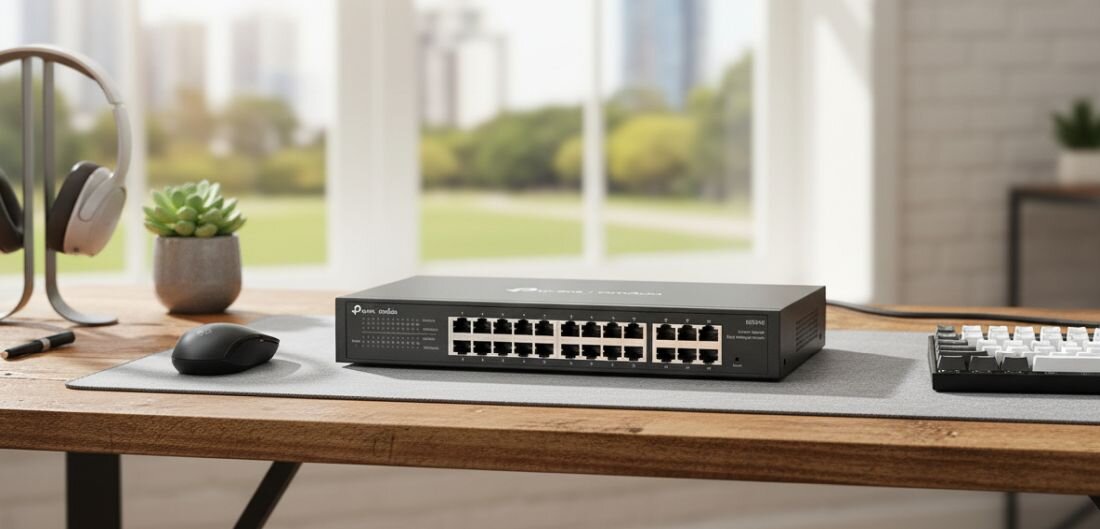 Przełącznik TP-Link Omada z 24 portami Gigabit Ethernet stoi na biurku podczas zarządzania siecią w biurze..