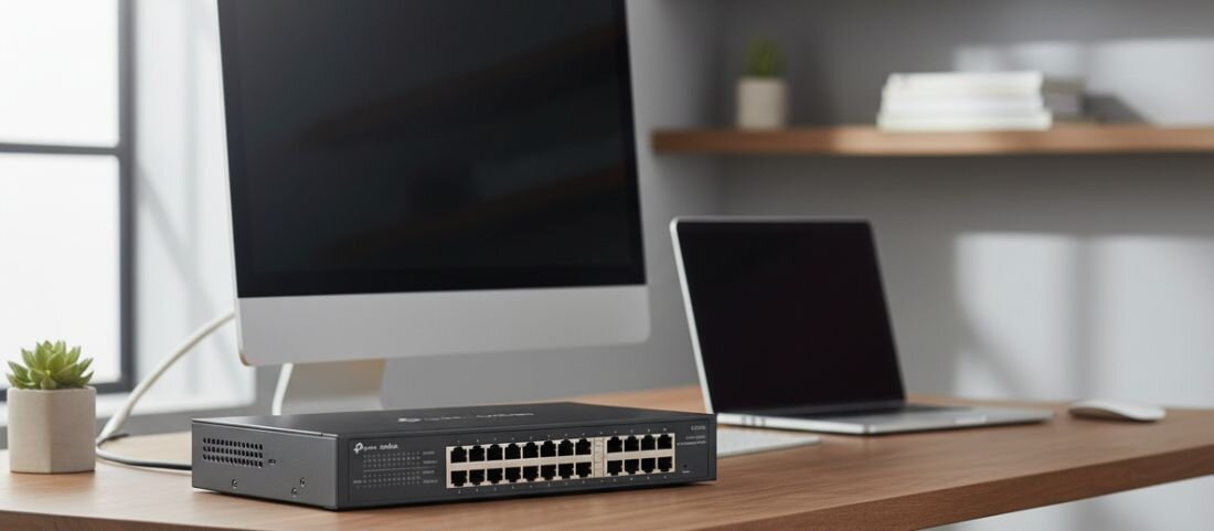 Przełącznik TP-Link Omada z portami Gigabit Ethernet pracuje obok monitora i laptopa podczas administracji siecią firmową