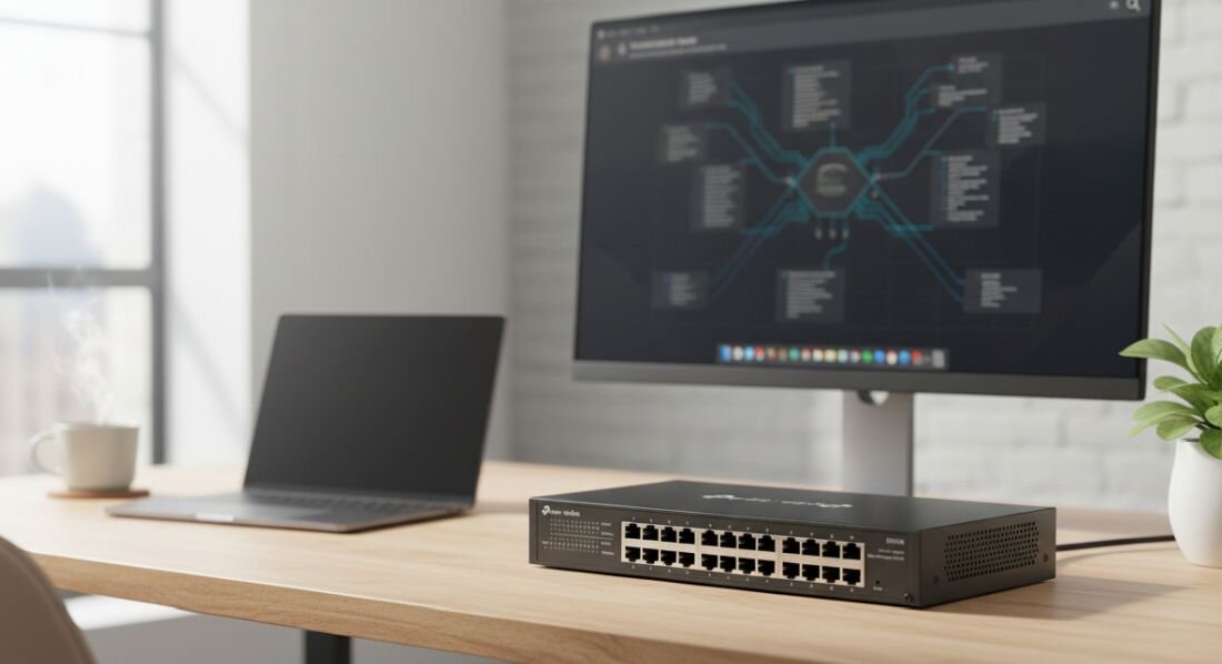 Przełącznik TP-Link Omada z portami Gigabit Ethernet prezentuje panel złączy sieciowych na stanowisku administracyjnym w biurze. 