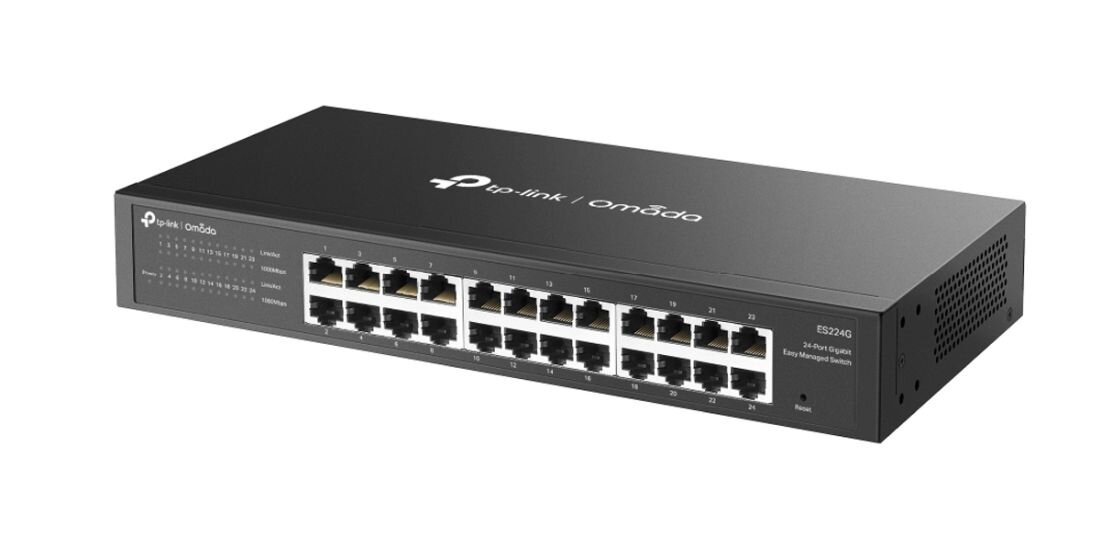 Przełącznik TP-Link Omada z portami Gigabit Ethernet prezentuje metalową obudowę na jasnym tle produktowym