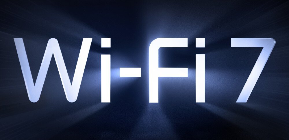 Router TP-LINK Archer BE220 Duży, świecący biały napis Wi-Fi 7 na ciemnym tle z promieniami niebieskiego światła, standard, przepustowość, pasma