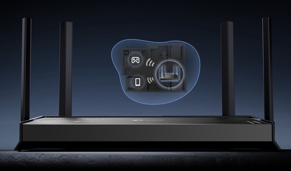 Router TP-LINK Archer BE220 Router na tle rzutu mieszkania z wizualizacją fal radiowych docierających do ikony pada i telefonu w różnych pomieszczeniach, anteny, sygnał, połączenie