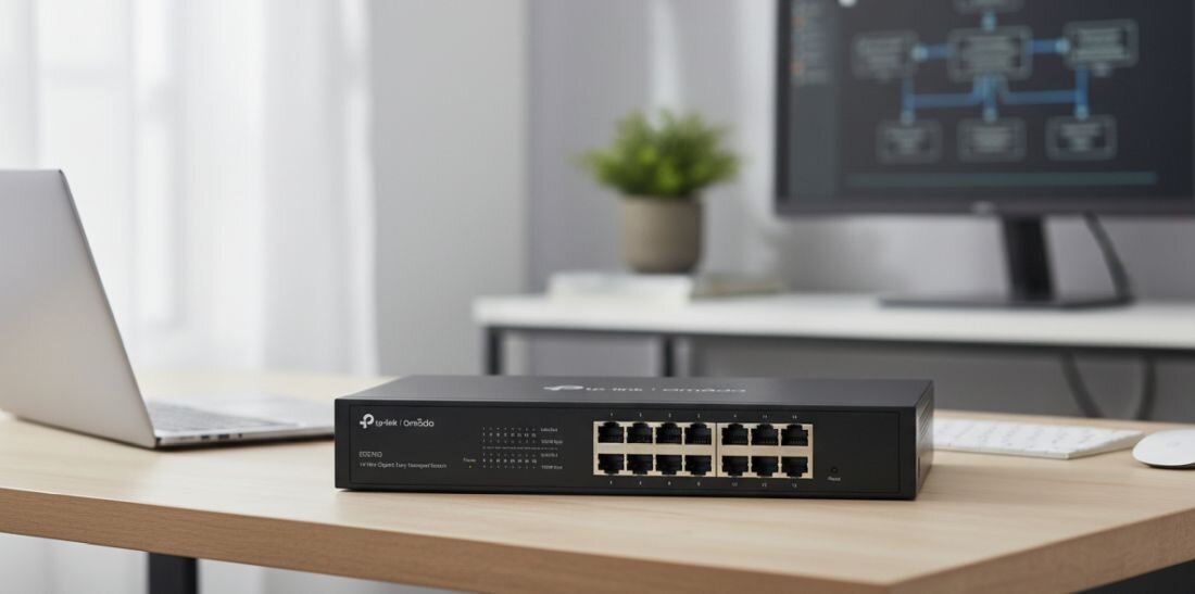 Przełącznik TP-Link Omada z ośmioma portami PoE stoi obok laptopa podczas zarządzania siecią firmową w biurze.