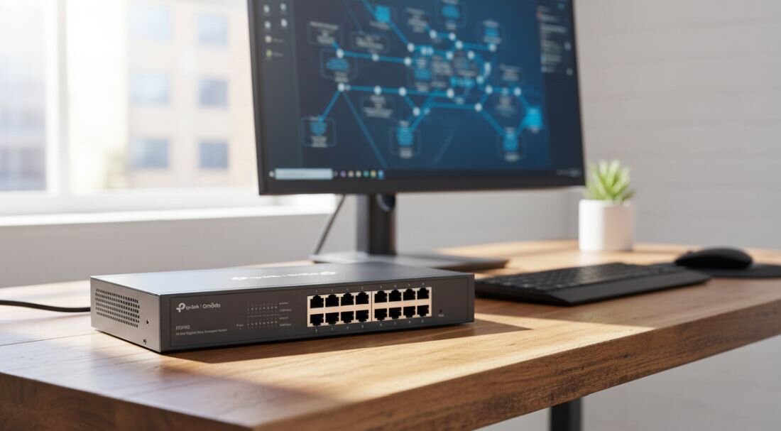Przełącznik TP-Link Omada Easy Managed Switch pracuje na biurku obok monitora podczas monitorowania infrastruktury sieciowej