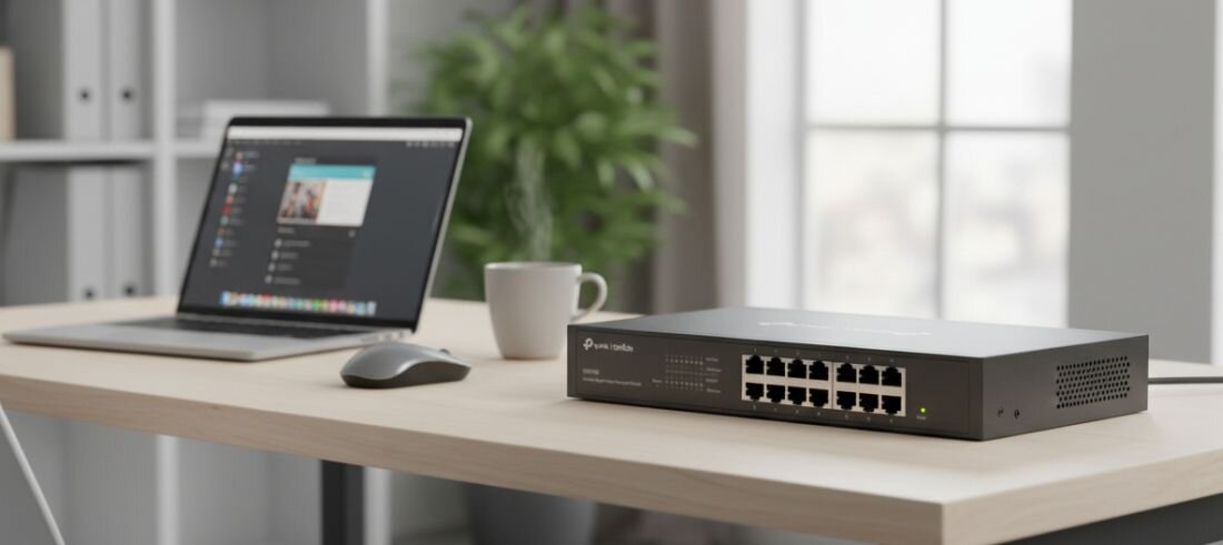 Przełącznik TP-Link Omada ES210GMP z ośmioma portami PoE prezentuje przedni panel wskaźników i złączy na jasnym tle. 