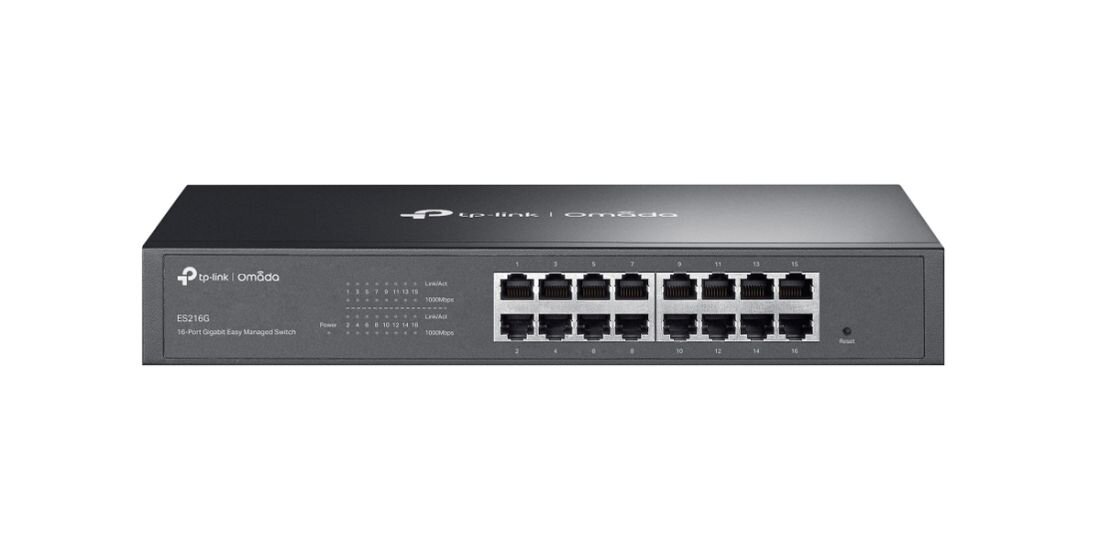 Przełącznik TP-Link Omada ES210GMP z ośmioma portami PoE prezentuje przedni panel wskaźników i złączy na jasnym tle.