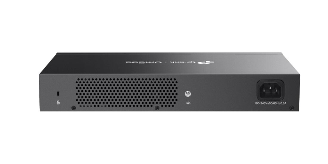 Przełącznik TP-Link Omada ES210GMP z ośmioma portami PoE prezentuje kompaktową metalową obudowę na jasnym tle produktowym
