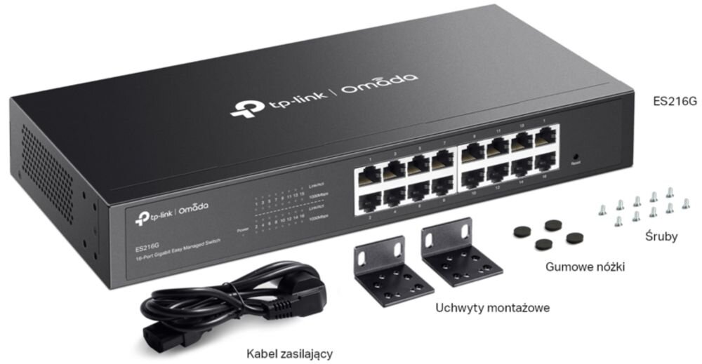 Przełącznik TP-Link Omada ES210GMP stoi na biurku podczas zarządzania siecią firmową w nowoczesnym środowisku biurowym