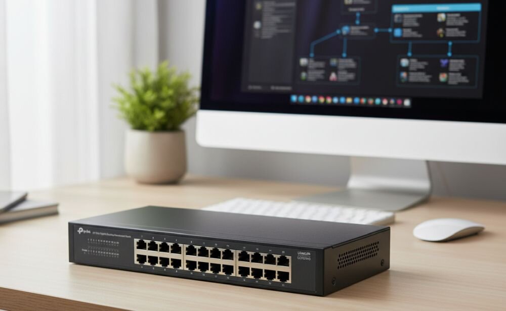 Router TP-LINK Omada Multi-Gigabit VPN Gateway stoi na biurku obok laptopa podczas zarządzania siecią w biurze.