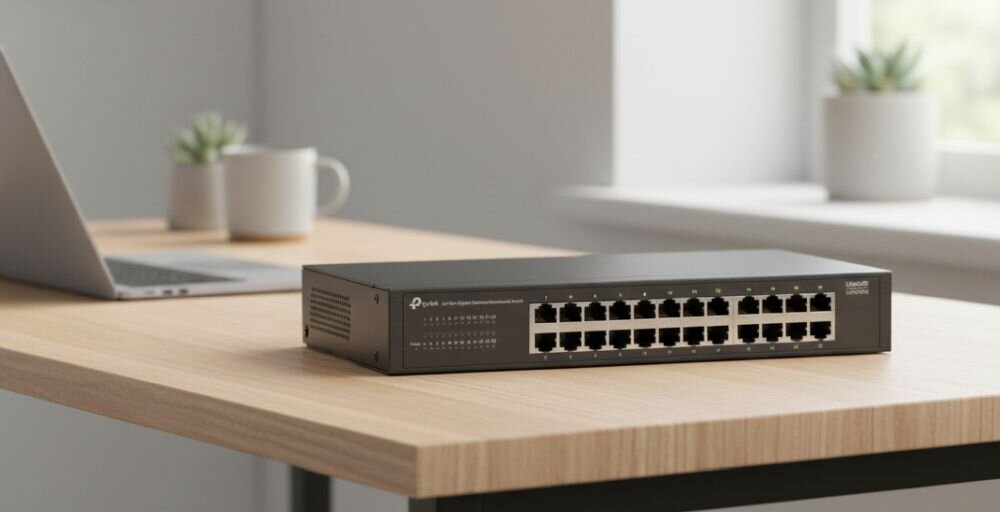 Router TP-LINK Omada Multi-Gigabit VPN Gateway pracuje z punktem dostępowym Wi‑Fi podczas zarządzania siecią firmową