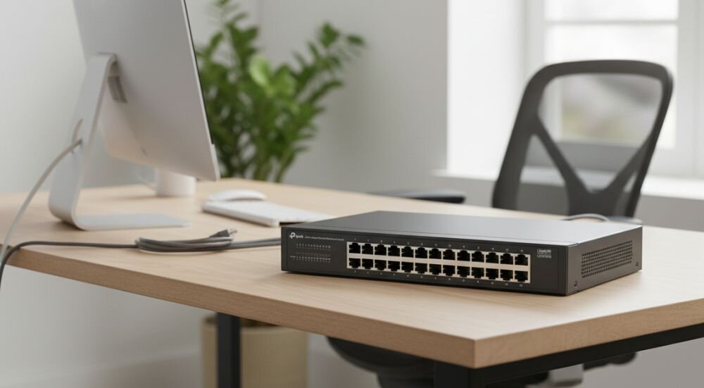 Router TP-LINK Omada VPN Gateway stoi na biurku obok notatnika podczas zarządzania siecią firmową w nowoczesnym biurze.