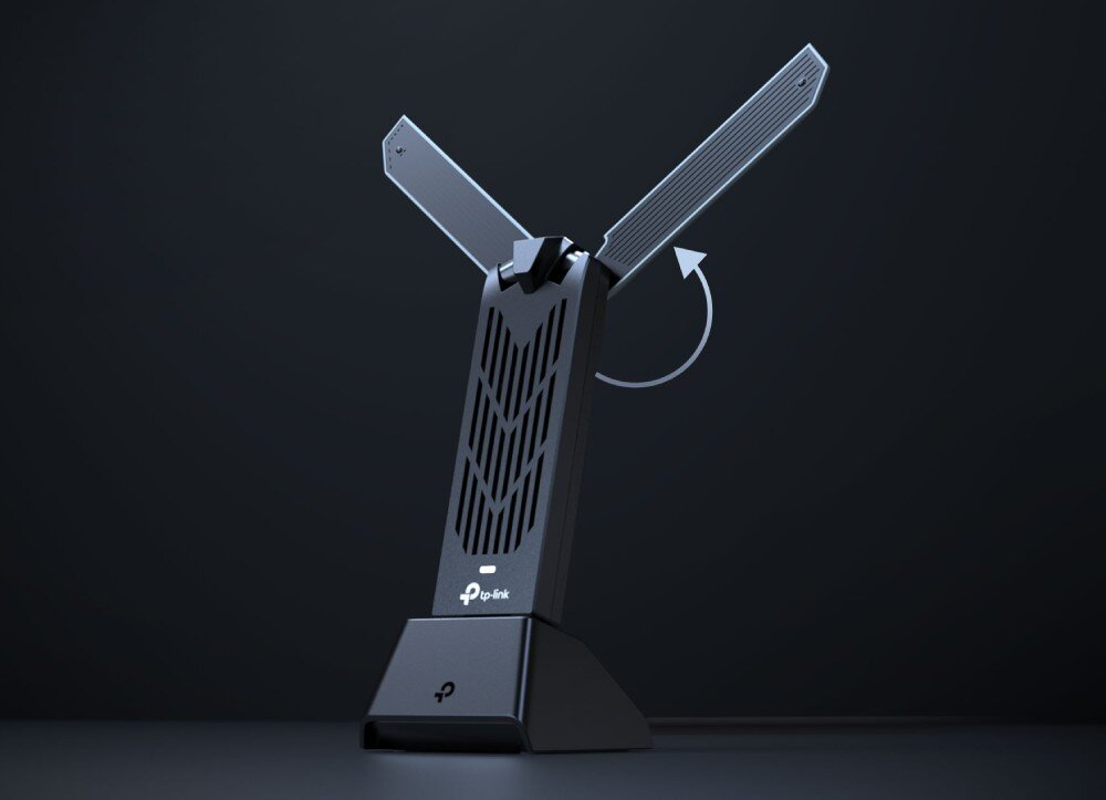 Karta sieciowa TP-LINK Archer TBE400UH Zbliżenie na kartę sieciową z graficznym przedstawieniem regulacji anteny, sygnał, zasięg, anteny