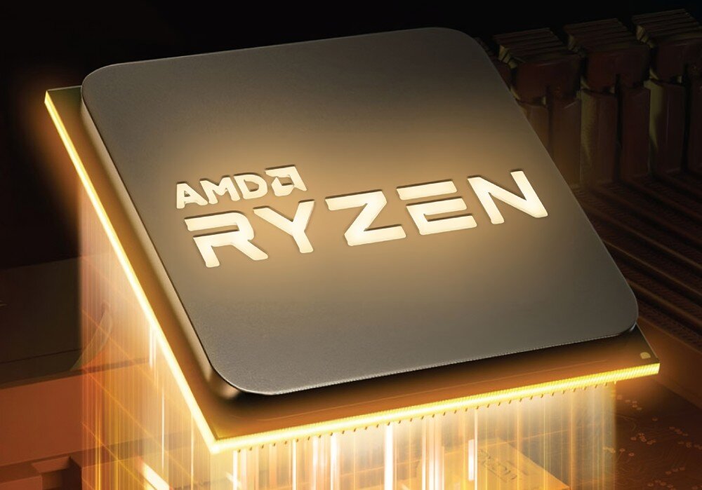 Komputer MAD DOG LOGIC-ARGB-A05WR32WH Zbliżenie na procesor AMD Ryzen, osadzony na płycie głównej. Logo procesora jest podświetlone złotym światłem, a wokół niego widać drobne elementy elektroniczne, procesor, rdzenie, szybkość