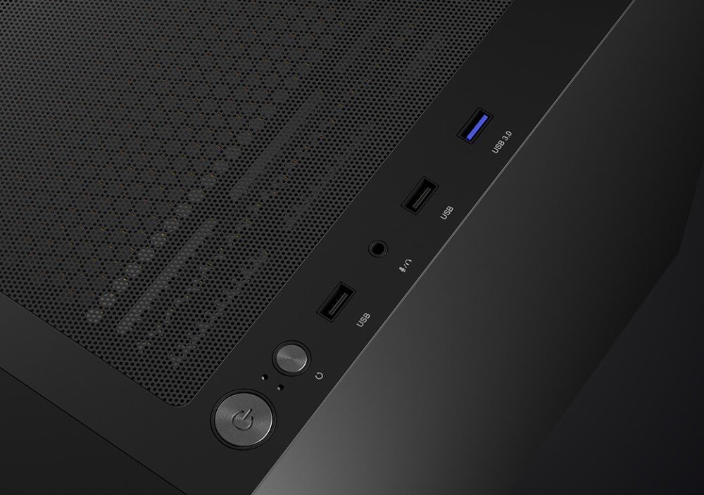 Komputer MAD DOG LOGIC-ARGB-A05DR32 Górny panel obudowy z przyciskiem zasilania, przyciskami funkcyjnymi, złączami USB i złączem audio, widoczna perforowana powierzchnia, obudowa, wentylacja, gniazda, szklany bok
