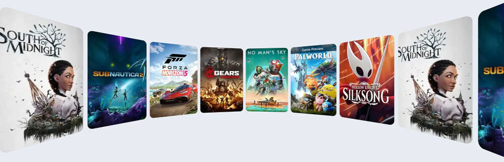ASUS ROG Xbox Ally RC73YA biały pokazanie biblioteki gier Xbox Game Pass na szarym tle szeroka biblioteka gier Xbox Game Pass bogata kolekcja gier