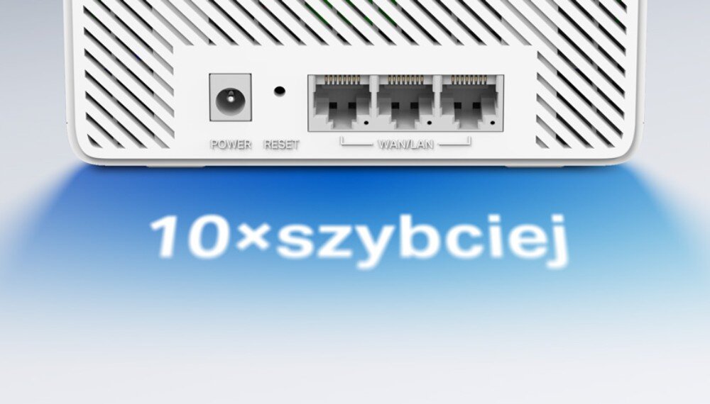 Router MERCUSYS Halo H25BE Zbliżenie na tylny panel urządzenia sieciowego z trzema portami ethernetowymi i zasilaniem, na tle napisu '10×szybciej' w niebieskiej poświacie, porty, WAN, LAN, prędkość
