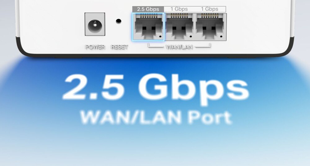 Router MERCUSYS Halo H85X Tylny panel białego urządzenia sieciowego z widocznym gniazdem zasilania, przyciskiem reset, jednym portem sieciowym oznaczonym jako 2.5 Gbps oraz dwoma portami oznaczonymi jako 1 Gbps, na tle napisu '2.5 Gbps WAN/LAN Port'