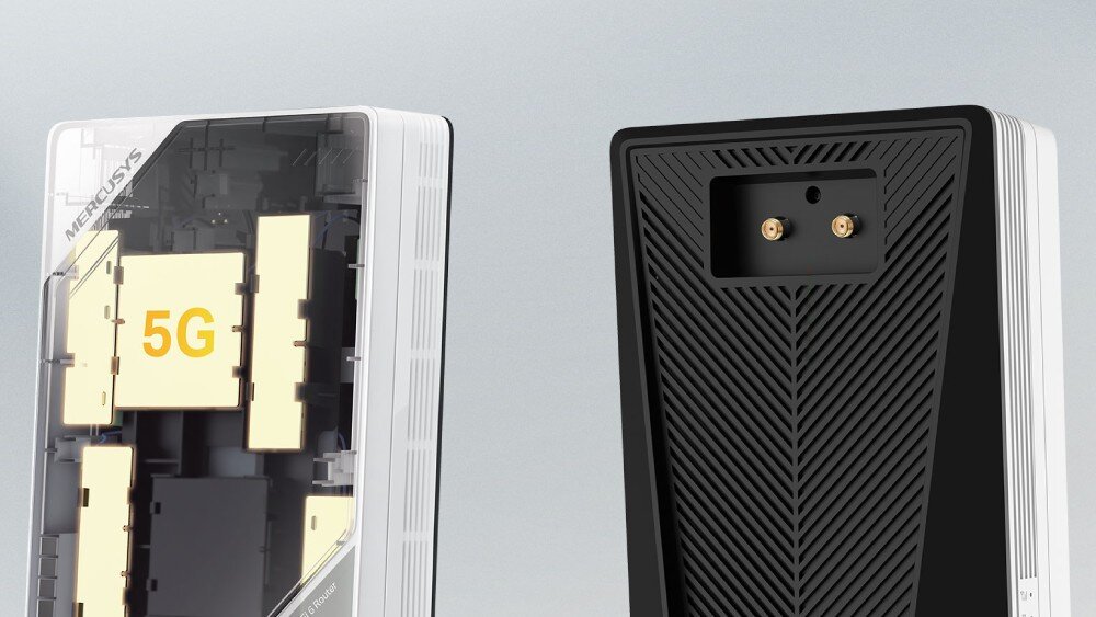 Router MERCUSYS MB520-5G Widok wnętrza routera z oznaczeniem '5G' oraz jego tylny panel z gniazdami anten zewnętrznych, sygnał, anteny, złącza antenowe, sieć Wi-Fi